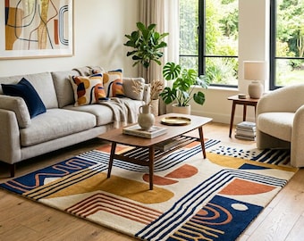 Hand-Tufted Abstract Geometric Wool Rug – Modern Art-Inspired Area Rug (Multicolor on Ivory)