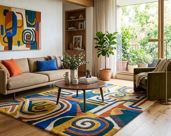 Hand-Tufted Abstract Swirl Wool Rug – Modern Artistic Area Rug (Multicolor Statement Design)