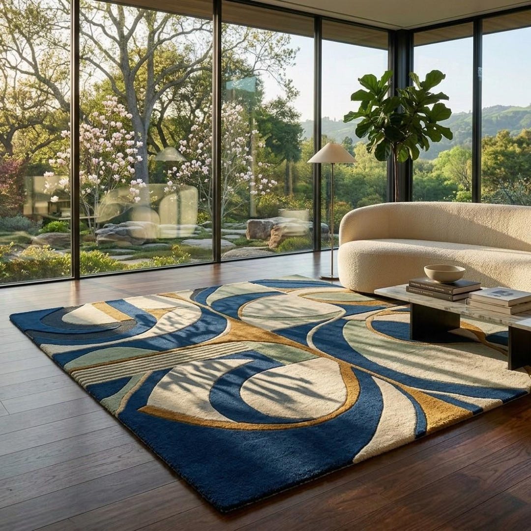 Modern Abstract Hand Tufted Wool Rug | Blue Cream Contemporary Area Rug ...