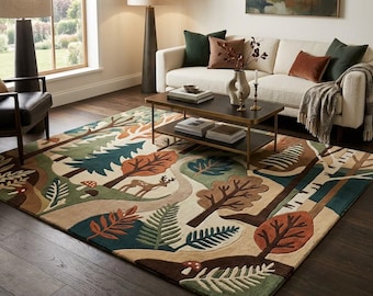 May include: A rectangular area rug featuring a forest-themed pattern with stylized trees, ferns, mushrooms, and a deer. The design uses a palette of cream, forest green, burnt orange, and brown, with a textured, tufted appearance on a dark floor.