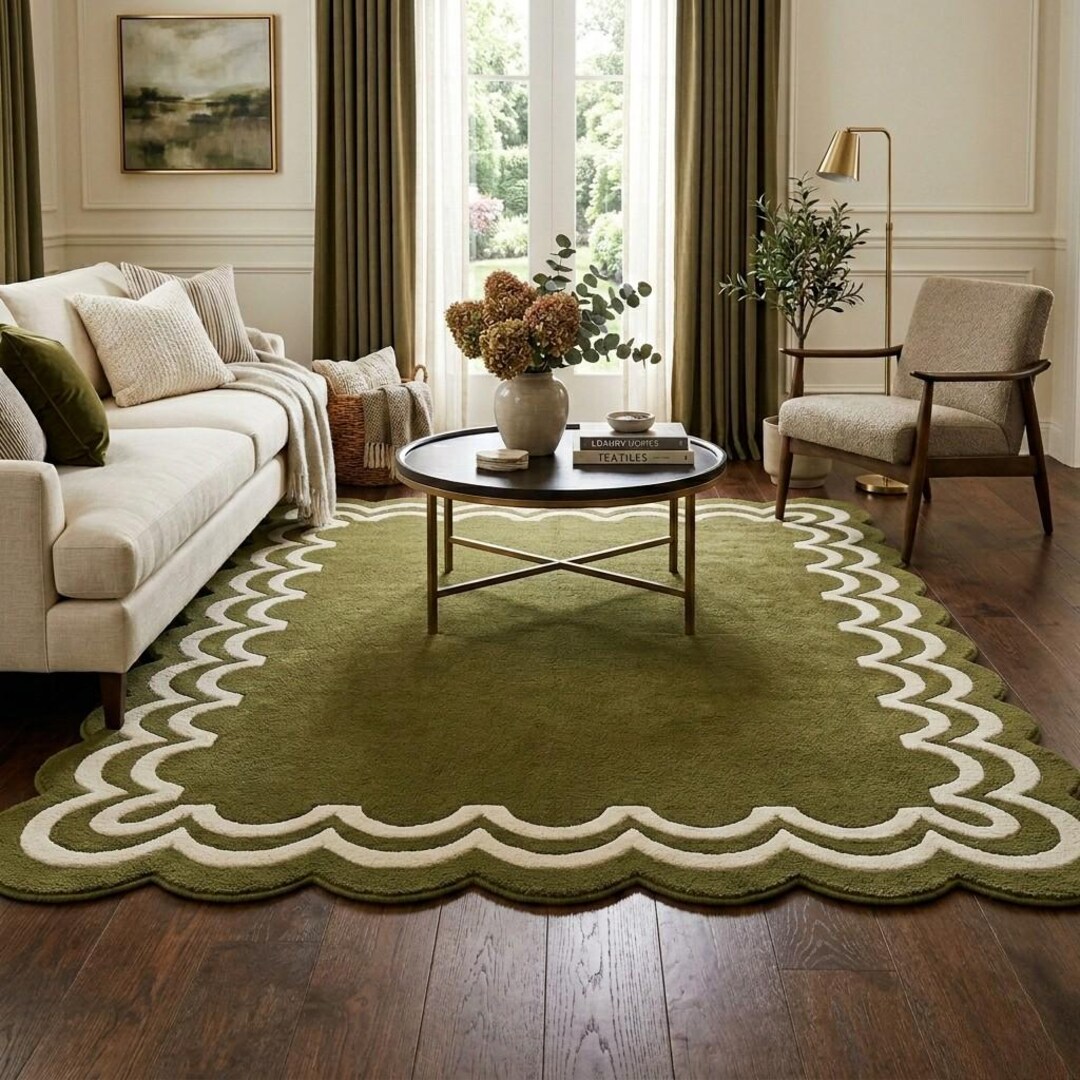Olive Green Wool Rug – Hand Tufted Scalloped Border Modern Area Rug - Etsy