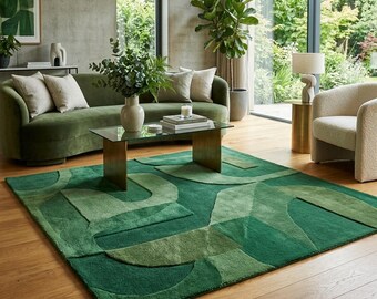 Abstract Green Hand-Tufted Wool Rug – Modern Organic Design