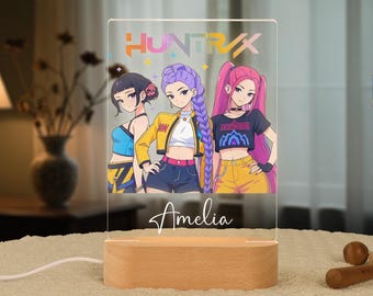 Aangepast nachtlampje met Kpop Demon Hunters Anime, Huntrix Merch gepersonaliseerde naam Nachtlampje voor tieners slaapkamer babymeisje, kerstcadeau