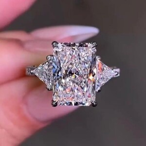 4 CT Radiant Moissanite Three Stone Engagement Ring: Solid Gold Promise Ring