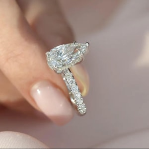 3CT Pear Moissanite Engagement Ring: 14K White Gold Hidden Halo