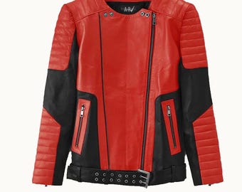 Chaqueta de cuero estilo motociclista para hombre, roja y negra – Diseño acolchado elegante con detalles de cremallera