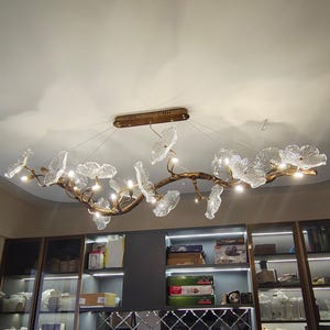 Rustic Branch Chandelier: Handmade Bronze Ceiling Light with Glass Leaves
