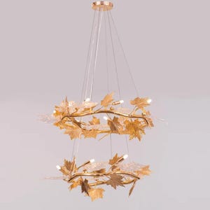 Golden Branch Chandelier: Frosted Crystal Leaf Pendant Light