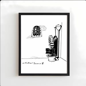 May include: Black and white framed art print. The artwork depicts a cartoon figure in striped clothing standing on a toilet, reaching for a hanging light. A barred window and text are also visible.