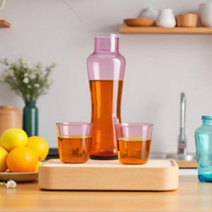 Glass Bottle and Tumbler Set – 1 Water Bottle with 2 Glasses | Dual Tone Glass Bottle Set for Table, Bedside, Office & Dining