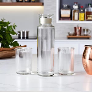 Glass Bottle and Tumbler Set – Clear Ribbed Bottle with 2 Glasses | 3-Piece Drinking Set for Water Juice Bedside Use