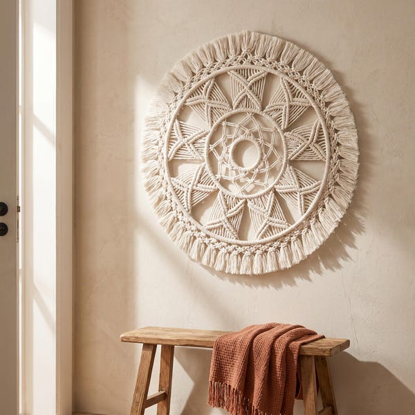 Macrame Wall Hanging Boho Tapestry, Round Woven Wall Decor for Bedroom, Living Room Housewarming Gift