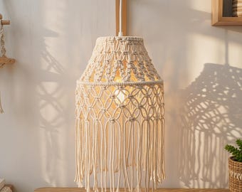 Macrame Lampshade, Boho Woven Fringe Lamp Shade, Hanging Light Decor, Housewarming Gift, Bohemian Home Accent