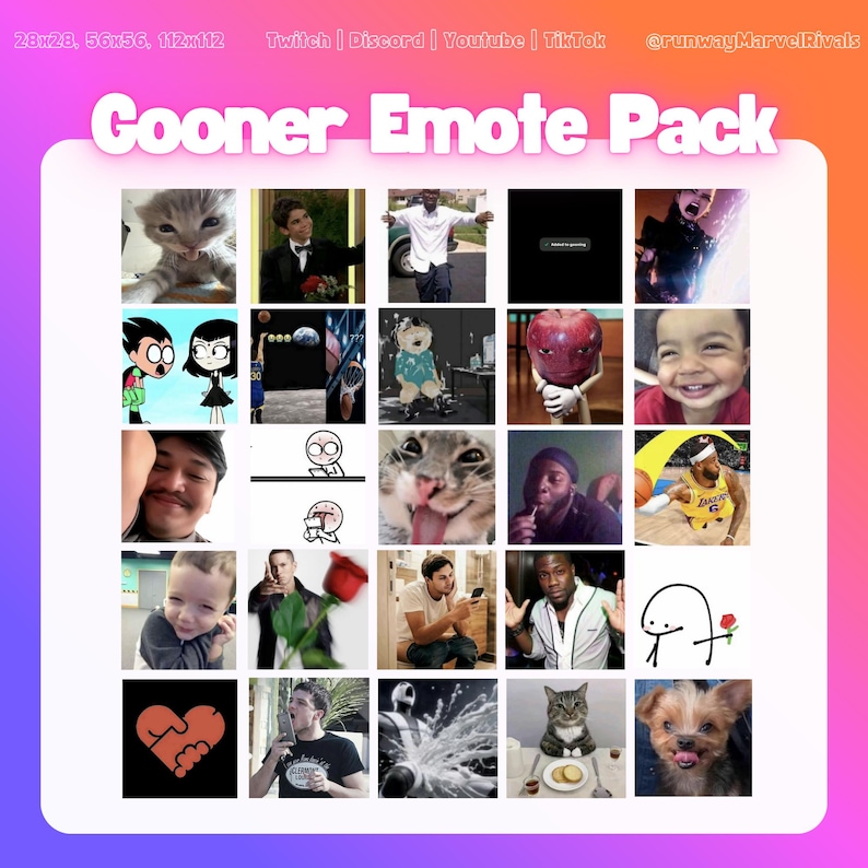 May include: A collection of various meme-style images arranged in a grid. The images include a variety of subjects, such as cartoon characters, people, and animals. The title "Gooner Emote Pack" is displayed in large white letters at the top of the image.