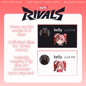 May include: A pink promotional graphic for Marvel Rivals emotes. The image includes the Marvel Rivals logo, text about emote sizes and download, and examples of emotes. The text includes "Every emote comes in 3 sizes" and "Instantly receive 3 zip files for download upon payment."