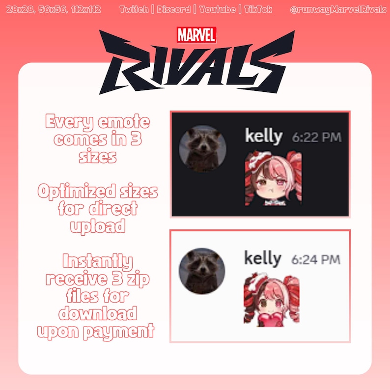 May include: A pink promotional graphic for Marvel Rivals emotes. The image includes the Marvel Rivals logo, text about emote sizes and download, and examples of emotes. The text includes "Every emote comes in 3 sizes" and "Instantly receive 3 zip files for download upon payment."