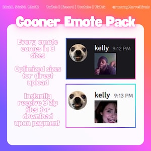 May include: A promotional image for a "Cooner Emote Pack" featuring a dog's face and user profile images. The text includes "Every emote comes in 3 sizes" and "Optimized sizes for direct upload."