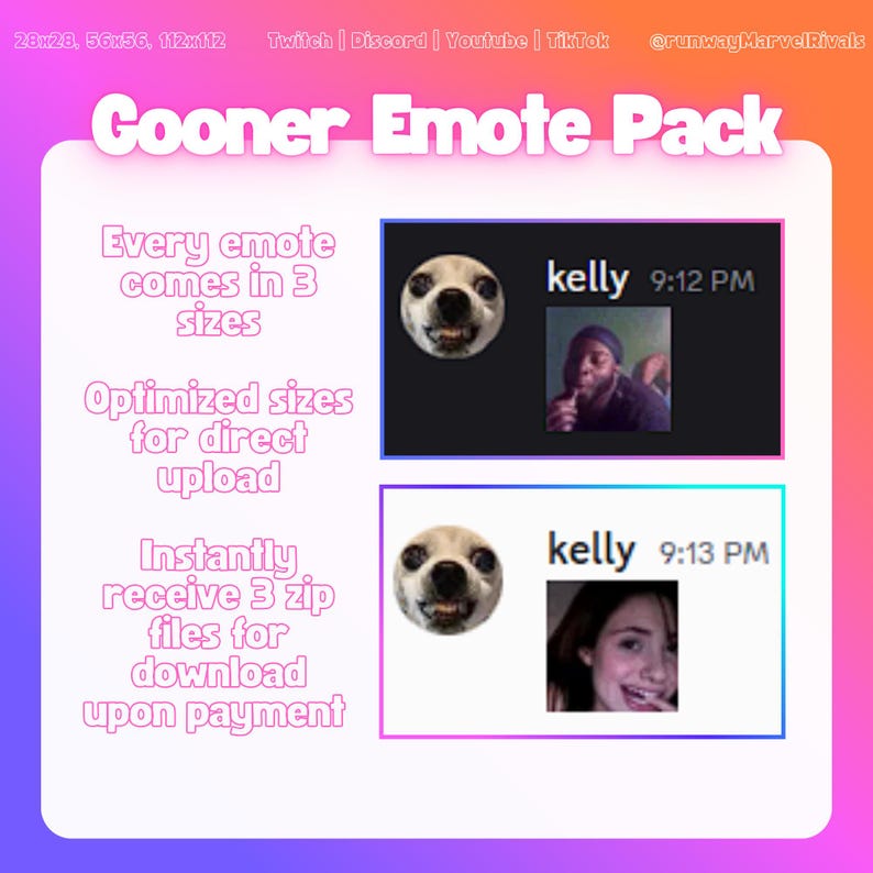 May include: A promotional image for a "Cooner Emote Pack" featuring a dog's face and user profile images. The text includes "Every emote comes in 3 sizes" and "Optimized sizes for direct upload."