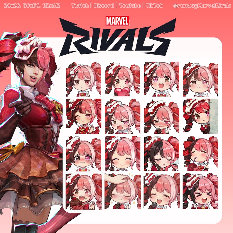 May include: A promotional image for Marvel Rivals featuring a character in a red and white outfit with pink hair. The image includes the Marvel logo and the text "RIVALS". There are multiple chibi-style character portraits.