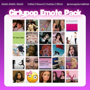 Op de afbeelding: Een digitale grafische afbeelding met een verzameling emotes met verschillende uitdrukkingen en thema's. De titel "Girlypop Emote Pack" wordt bovenaan weergegeven. De emotes bevatten tekst zoals "#1 man hater" en "Time to go lesbian".