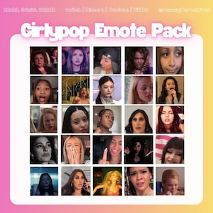 May include: A grid of 20 small images, each showing a different facial expression. The images feature various people, each with a unique emotion. The text "Girlypop Emote Pack" is at the top. Social media icons are also present.