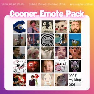 Könnte beinhalten: Eine Sammlung verschiedener Bilder und Emoticons im Meme-Stil, darunter eine Katze mit Rosen, eine Spirale mit dem Text "You need me" und ein Baby mit einem lustigen Gesicht. Der Text "Cooner Emote Pack" steht oben, mit "100% my ideal type" unten.