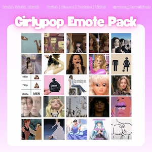 May include: A collection of digital emotes labeled "Girlypop Emote Pack" with various images. The images include cartoon characters, memes, and text. The pack includes resolution options: 480p, 720p, and 1080p. The text "MEN" is also visible.
