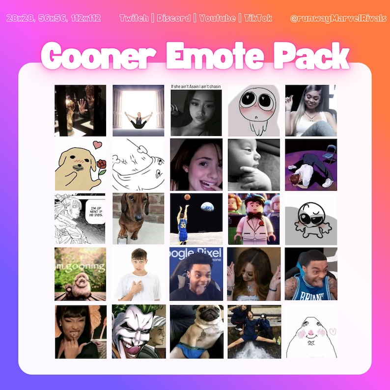 May include: A collection of various images, including memes, cartoon characters, and people, arranged in a grid. The title "Cooner Emote Pack" is displayed at the top. The images are set against a gradient background of pink, orange, and purple.