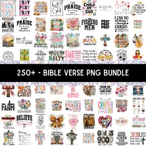 以下が含まれることがあります： 250以上の聖書の詩のPNGグラフィックのコレクション。デザインは、インスピレーションを与える引用句、宗教的なシンボル、花の要素を特徴としています。カラーパレットには、パステル、アースカラー、鮮やかな色合いが含まれており、さまざまなクリエイティブプロジェクトに適しています。