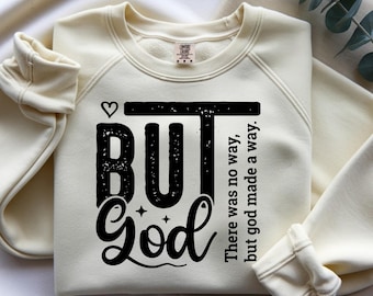 Diseño de camiseta cristiana con la frase "Pero Dios", sublimación religiosa con cita de fe (descarga digital).