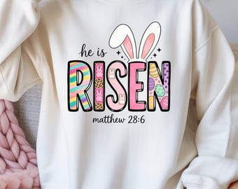Él ha resucitado png, Biblia Mateo 28 6, diseño de camiseta de primavera con letras de Pascua coloridas