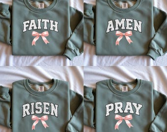 Pacchetto PNG "Faith Amen Pray Risen", design per sublimazione con fiocco civettuolo cristiano.