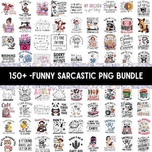 Puede incluir: Una colecci&oacute;n de m&aacute;s de 150 dise&ntilde;os PNG divertidos y sarc&aacute;sticos. Los dise&ntilde;os incluyen varias citas, animales e ilustraciones, como una vaca, un pato y un mapache, con frases como "Estoy bien" y "Stay Trashy."