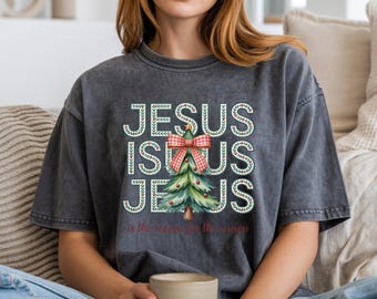 Coquette Floral Jesus Christmas PNG, Preppy Christmas,Faux Glitter Jesus Is The Reason Png, Checkered Red Plaid Christian Png,Nativity Scene