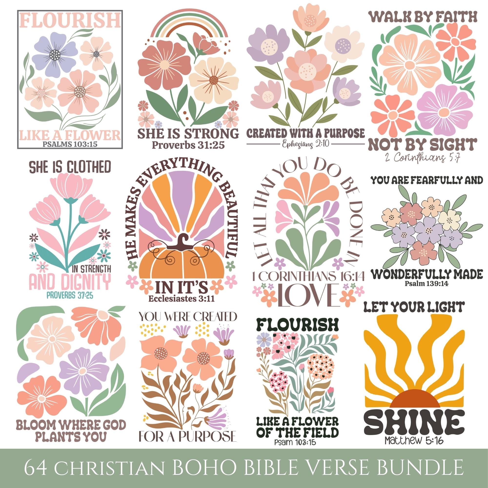 Christian Floral Bible Verse PNG Bundle, Retro Boho Faith Quotes Set - Etsy
