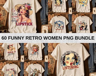 Ensemble d'images PNG de femmes rétro amusantes, citations pin-up sarcastiques, clipart vintage années 1950, motifs de sublimation