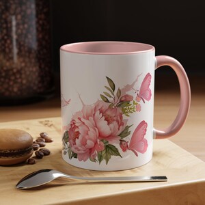 Floral Accent Coffee Mug | Butterfly and Peony Design | Gift for Her, Home Decor, Tea Lover, Spring, Birthday, Mother&#39;s Day