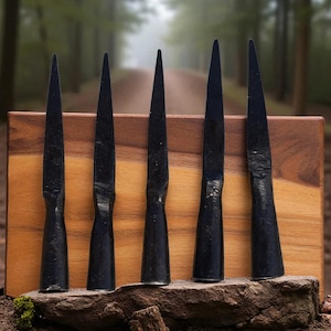 May include: Five black metal tools with pointed tips are displayed on a wooden block. The tools are arranged in a row, with their sharp ends facing upwards. The background is a blurred forest scene.