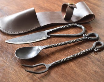 Hand-Forged Viking Style Cutlery Set with Leather Pouch – Spoon, Fork & Knife – Rustic Iron Utensils