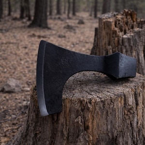 May include: A black axe with a curved blade rests on a tree stump. The axe head is dark and textured, with a sharp edge. The background features a forest with trees and fallen leaves.