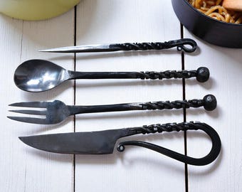 Hand-Forged Medieval Style Cutlery Set – Spoon, Fork, Eating Knife & Pick | Rustic Viking Tableware