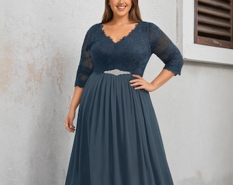 Plus Size Mother of the Bride Dress - Elegant V-Neck A-Line Handmade Lace Chiffon Gown