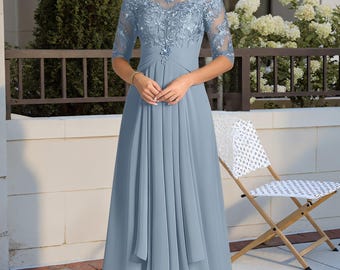 Lace Mother of the Bride Dress - A-line V-Neck Pleated Chiffon Lace Midi Gown
