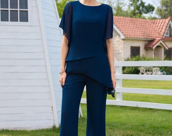 Broekpak moeder van de bruid | Tweedelige formele set met chiffon overlay fladdermouwen