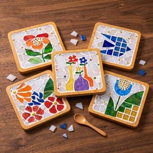 May include: Five square wooden coasters featuring colorful stained glass mosaic designs of flowers, vases, and a bird. The set includes a small wooden spoon and loose mosaic glass pieces in white and blue scattered around the coasters.