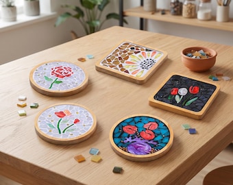 Kit fai da te per sottobicchiere a mosaico, idea regalo floreale artigianale, progetto di decorazione botanica per la tavola.
