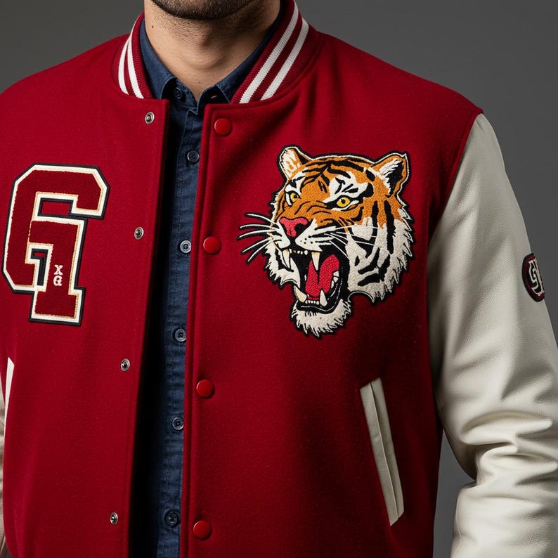 May include: A red varsity jacket with white sleeves and a striped collar. The jacket features a large embroidered tiger head patch and a letter "G" patch. The jacket has red buttons and a white pocket trim.