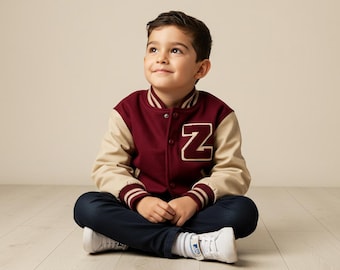 Jaqueta infantil universitária – Letterman juvenil personalizada com nome e logotipo bordados | Casacos para meninos e meninas