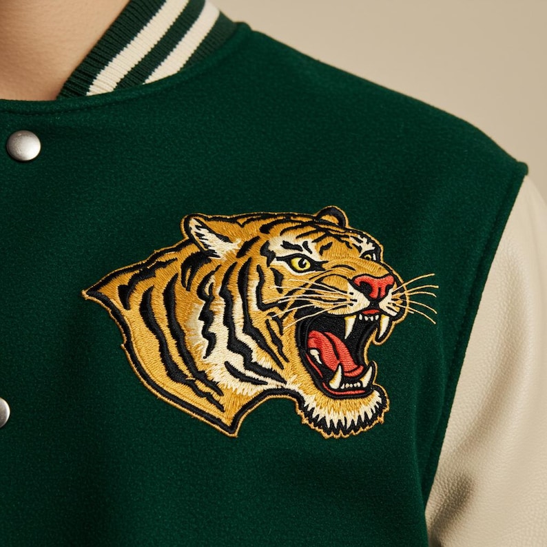 May include: A green varsity jacket with a large embroidered tiger patch. The tiger is golden yellow with black stripes, a red mouth, and white teeth. The jacket has a cream-colored sleeve and a striped collar.