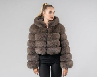 Brown Real Fox Fur Jacket Women, Luxury Fur Jacket with Hood Winter Fashion Cropped Bomber Jacket